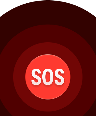 SOS signalo piktograma, vienas ant kito sudėti raudoni apskritimai su baltu SOS žodžiu viduryje
