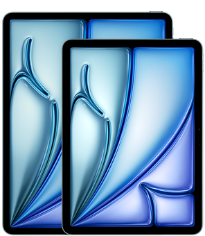 13 colių „iPad Air“ ir 11 colių „iPad Air“ vaizdas iš priekio, akcentuojamas dydžių skirtumas.