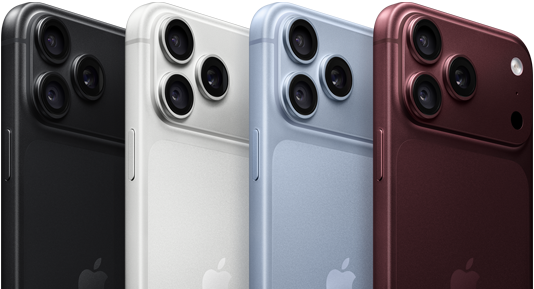 „iPhone 18 Pro“ telefonai išrikiuoti eilėje, galinė pusė, visos keturios spalvos: juoda, ledynų, sidabro, Burgundijos, „Pro Fusion“ kamerų sistema viršutiniame kairiajame kampe, 3 objektyvai, mikrofonas, blykstė