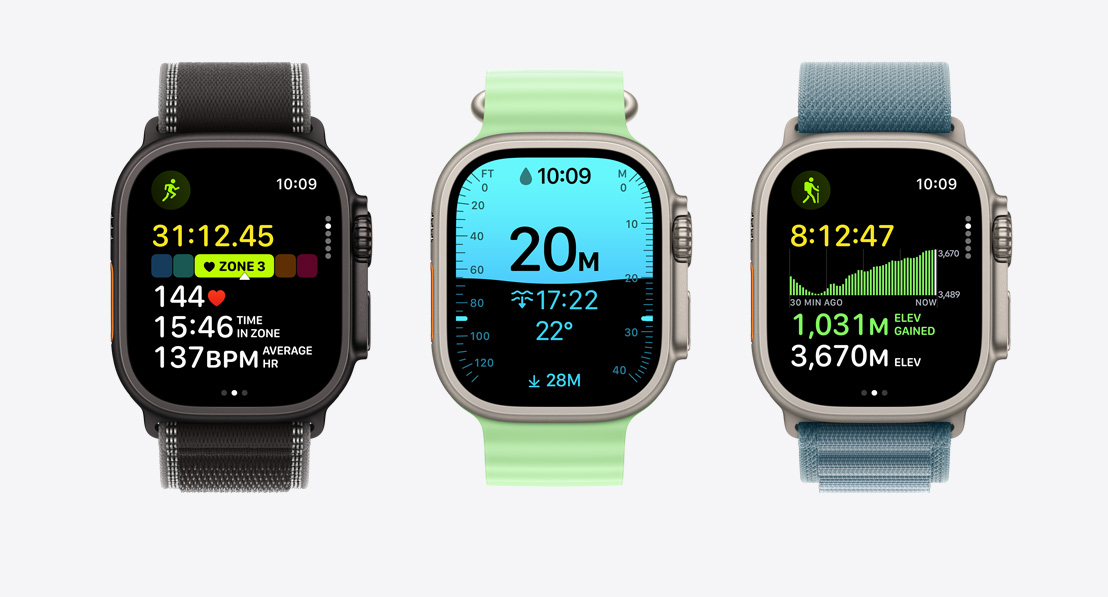 „Apple Watch Ultra 3“ įrenginiai, titano korpusai, natūralios ir juodos spalvos, programos „Treniruotė“ rodiniai: bėgimas, nardymas su vamzdeliu, ėjimas į žygį, dirželiai: „Trail“ apyrankė, juodos / anglies spalvos, „Ocean“ dirželis, neono žalios spalvos, „Alpine“ apyrankė, plieno mėlynos spalvos