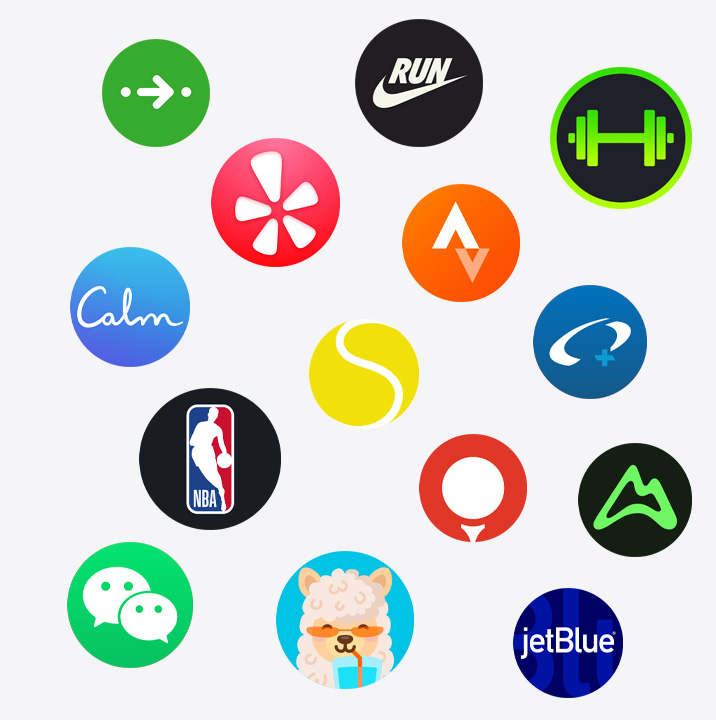 „Apple Watch“ programų piktogramos: „ChargePoint“, „Yelp“, „Nike Run Club“, „SmartGym“, „Calm“, NBA, „SwingVision“, „Oceanic+“, „WeChat“, „Waterllama“, „Golfshot“, „JetBlue“, „AllTrails“