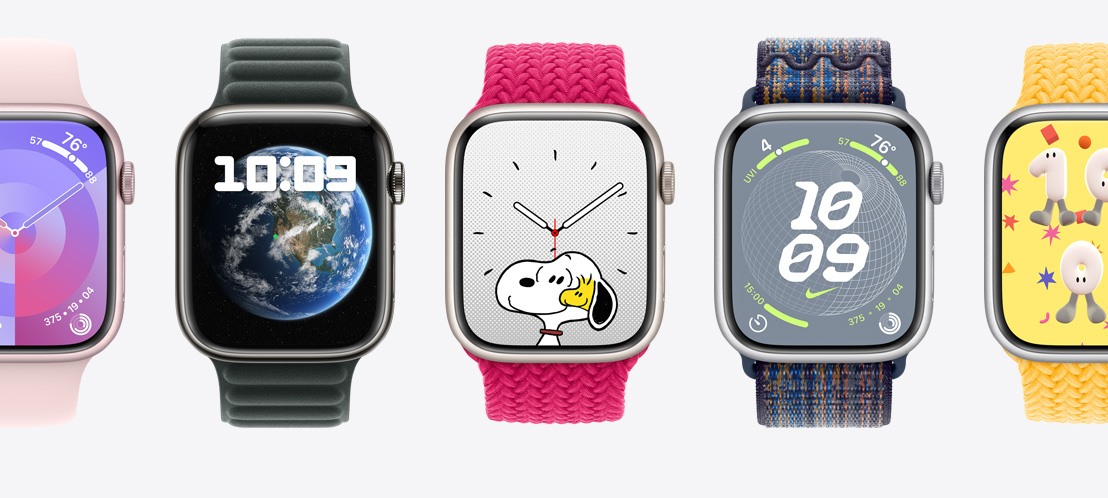 Penki „Apple Watch Series 9“ su skirtingais laikrodžio ciferblatais. „Palette“ ciferblatas, „Modular“ ciferblatas, „Snoopy“ ciferblatas, „Nike“ ciferblatas, „Globe“ ciferblatas ir „Playtime“ ciferblatas.