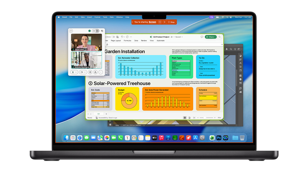 Écran d’un Mac sous macOS Tahoe affichant plusieurs apps ouvertes, notamment Webex et Excel.