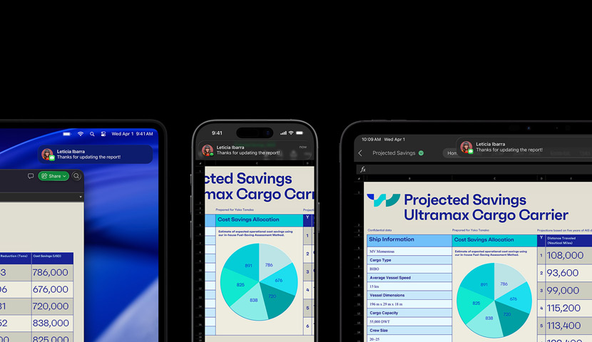 Une feuille de calcul et un message affichés sur différents appareils, dont un iPhone, un iPad, une Apple Watch et un Mac exécutant macOS Tahoe.