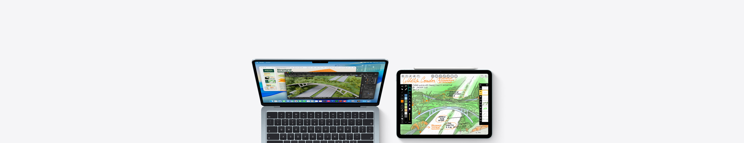 Mac et iPad, écrans affichant des travaux d’enseignement supérieur dans différentes apps