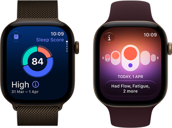 Divas Apple Watch Series 12 ierīces, tumšas bronzas krāsas alumīnija ietvars, miega rādītāju apļa diagramma, Digital Crown, tumšas bronzas krāsas Milanese Loop siksniņa, gaiša zelta krāsas alumīnija ietvars, Cycle Tracking aplikācija, Burgundijas sarkana sporta siksniņa