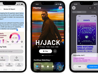 Blakus vairāki iPhone 17e, kuru ekrānos redzams atšķirīgs saturs: Writing Tools, Apple TV aplikācija, veido notikumu kalendārā, tiek veidots Genmoji