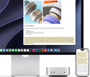 Skats no priekšpuses uz Mac mini, kas novietots zem Studio Display, iPhone atrodas ierīces un displeja labajā pusē, iPhone ekrānā iezīmētais teksts, virs kura ir izgriešanas, kopēšanas, ielīmēšanas un AutoFill rīki, atbilst ekrānā izceltajam tekstam, demonstrējot Universal Clipboard funkciju