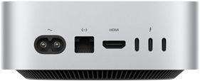 Mac mini, aizmugure, strāvas ligzda, Ethernet ports, HDMI ports, trīs Thunderbolt porti