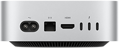 Mac mini, aizmugure, strāvas ligzda, Ethernet ports, HDMI ports, trīs Thunderbolt porti