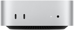 Mac mini, priekšpuse, divi Thunderbolt porti, statusa indikators un austiņu ligzda, melna trapecveida pamatne apakšā, plakana augšdaļa, noapaļoti sāni, taisnas malas, sudraba krāsa
