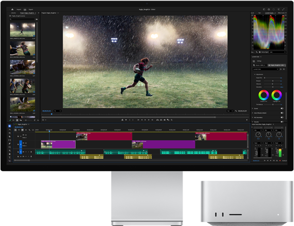 Studio Display XDR ar iebūvētu statīvu, Mac Studio lieliski iederas zem ekrāna, ekrānā redzamas video rediģēšanas un krāsu korekcijas rīku darbplūsmas