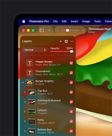 أدوات تراكب في Pixelmator Pro، أدوات تنظيم، صورة غرافيكية لهامبرغر مخصصة لملصق