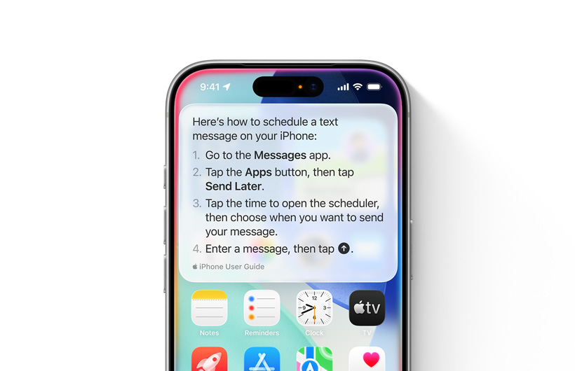 جهاز iPhone معروض مع إرشادات خطوة بخطوة عن كيفية جدولة رسالة نصية لإرسالها لاحقاً