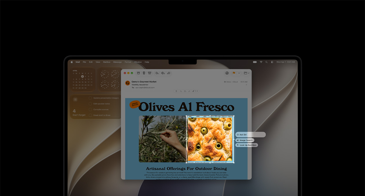 جهاز MacBook Pro مقاس 14 إنش، لون أسود فلكي، شاشة تُظهر عرضاً توضيحياً للذكاء المرئي في رسالة إيميل تتضمن صور طعام وأعشاب، يحيط مربع بصورة زيتون في قطعة خبز وتطفو فوق الصورة ثلاثة طلبات هي اسأل Siri وبحث الصور والبحث عن التغذية