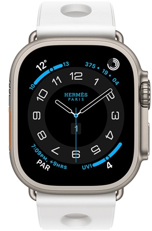 Apple&amp;nbsp;Watch Hermès Ultra 3‏ بإطار من التيتانيوم الطبيعي، وواجهة الساعة Hermès Circulaire، الإضافات: الطقس، وحلقات النشاط، والوقت في باريس، ومؤشر الأشعة فوق البنفسجية، وحزام Scub'H Diving‏، لون blanc‏