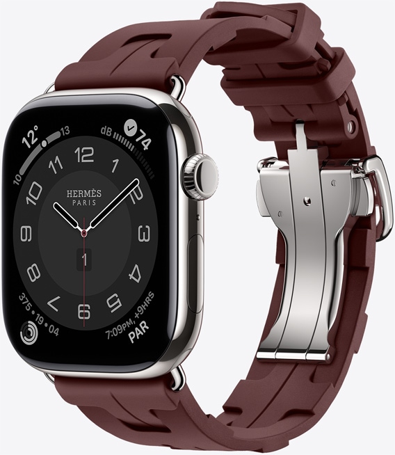 Apple Watch Hermès Series 11 بإطار من التيتانيوم الفضي، وحزام Kilim بلون أحمر بوردو، ومشبك معدني فضي سريع الفتح