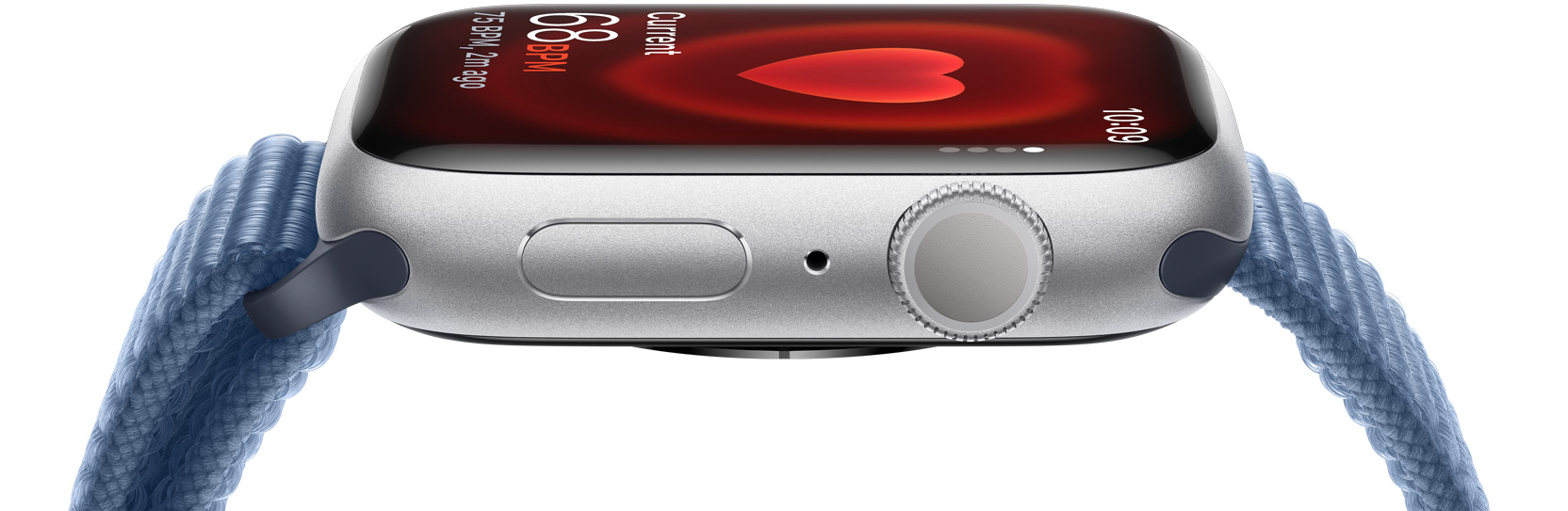 A side view of an Apple Watch demonstrating someone's heart rate.