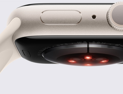 A picture of the underside of an Apple Watch showing a sensor.