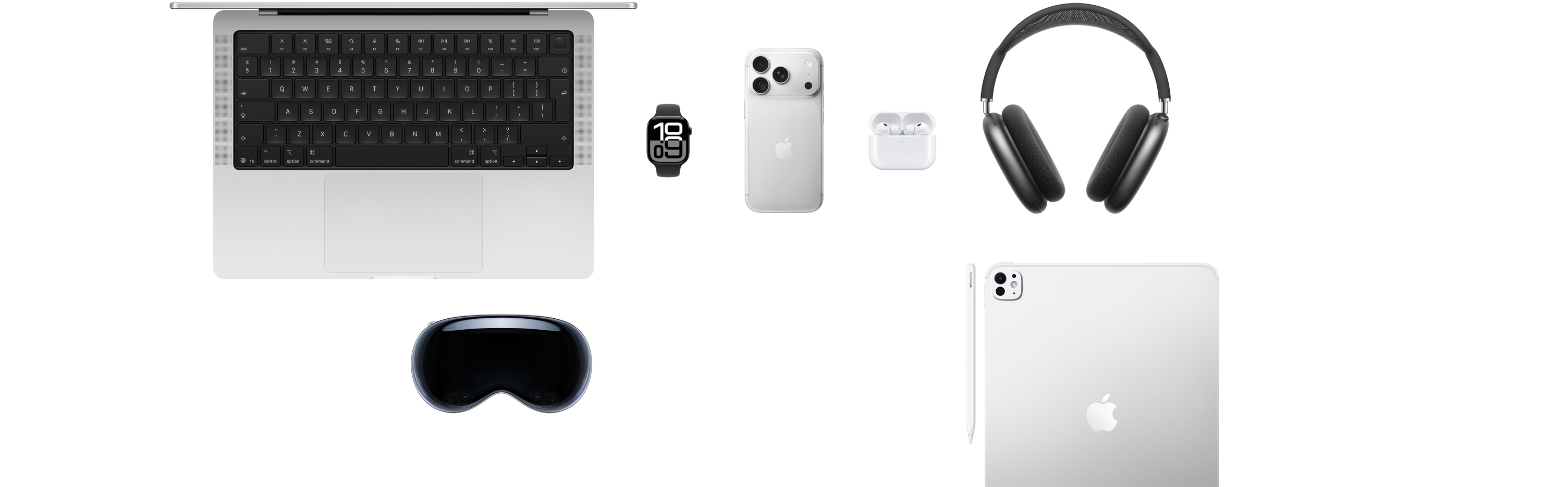 Various Apple products, including a MacBook Pro, an Apple Watch Series 12, an iPhone 18 Pro, AirPods Pro 3, AirPods Max, Apple Vision Pro, an Apple Pencil Pro, and an iPad Pro