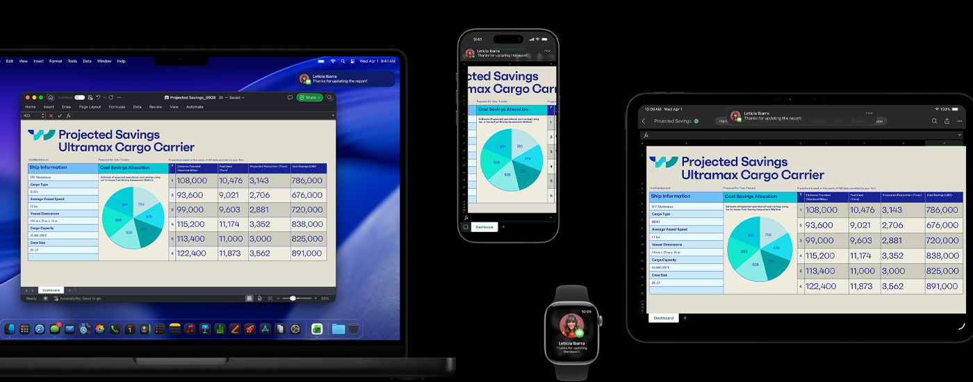 جدول&nbsp;بيانات ورسالة&nbsp;نصية معروضان على&nbsp;مجموعة من&nbsp;الأجهزة، تشمل أجهزة&nbsp;iPhone وiPad وApple&nbsp;Watch و‏Mac‏ الذي يعرض نظام&nbsp;macOS&nbsp;Tahoe.‏