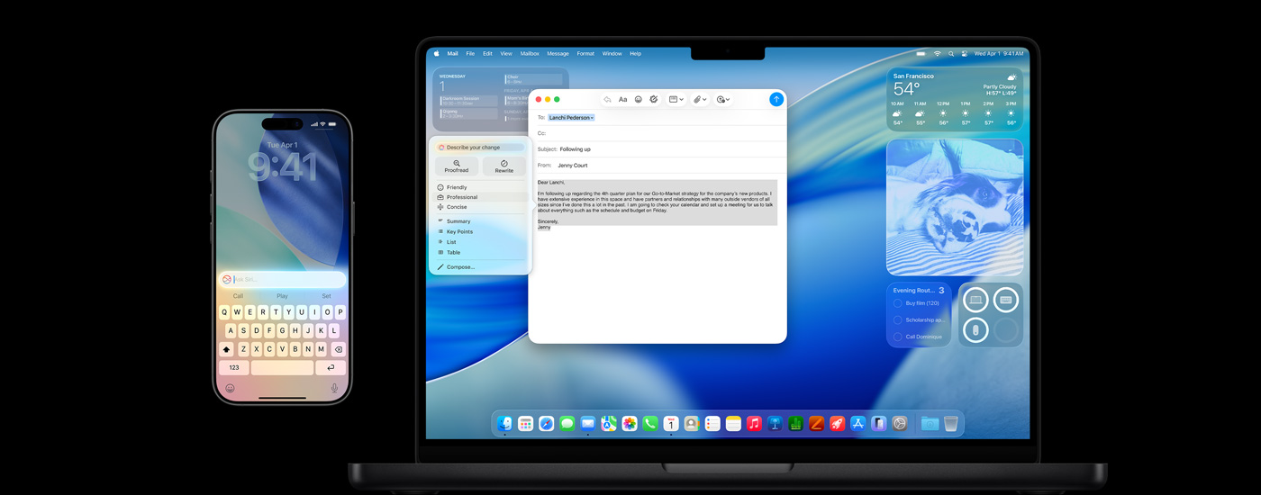 An iPhone, and a Mac show Apple Intelligence, along with the macOS Tahoe screensaver.