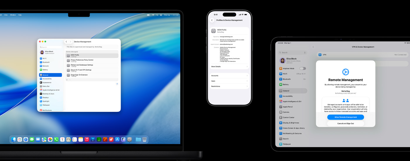 صورة لثلاثة أجهزة من&nbsp;Apple: على&nbsp;الجهة اليسرى، كمبيوتر&nbsp;Mac يعرض نافذة إدارة&nbsp;الأجهزة. في&nbsp;الوسط، جهاز&nbsp;iPhone يعرض إعدادات ملف تعريف إدارة&nbsp;الأجهزة&nbsp;المحمولة (MDM). على&nbsp;الجهة اليمنى، جهاز&nbsp;iPad يعرض نافذة الإدارة عن&nbsp;بُعد.