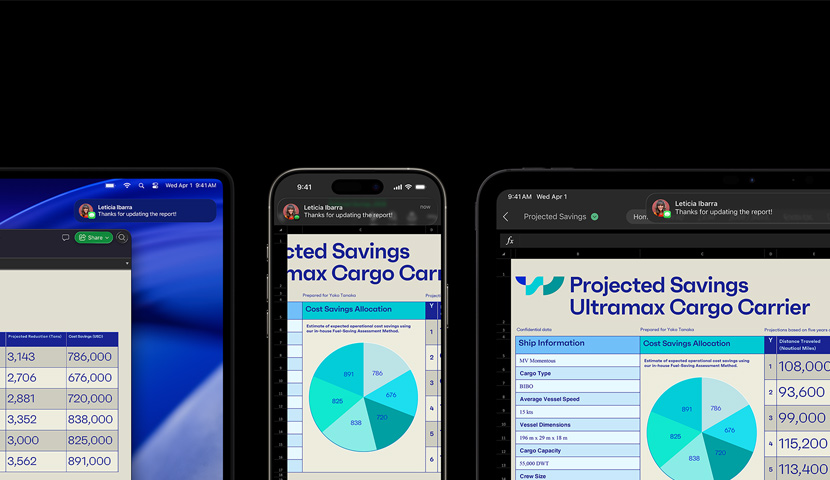 A spreadsheet and text message displayed on a suite of devices, including iPhone, iPad, Apple Watch, and Mac which shows macOS Tahoe.