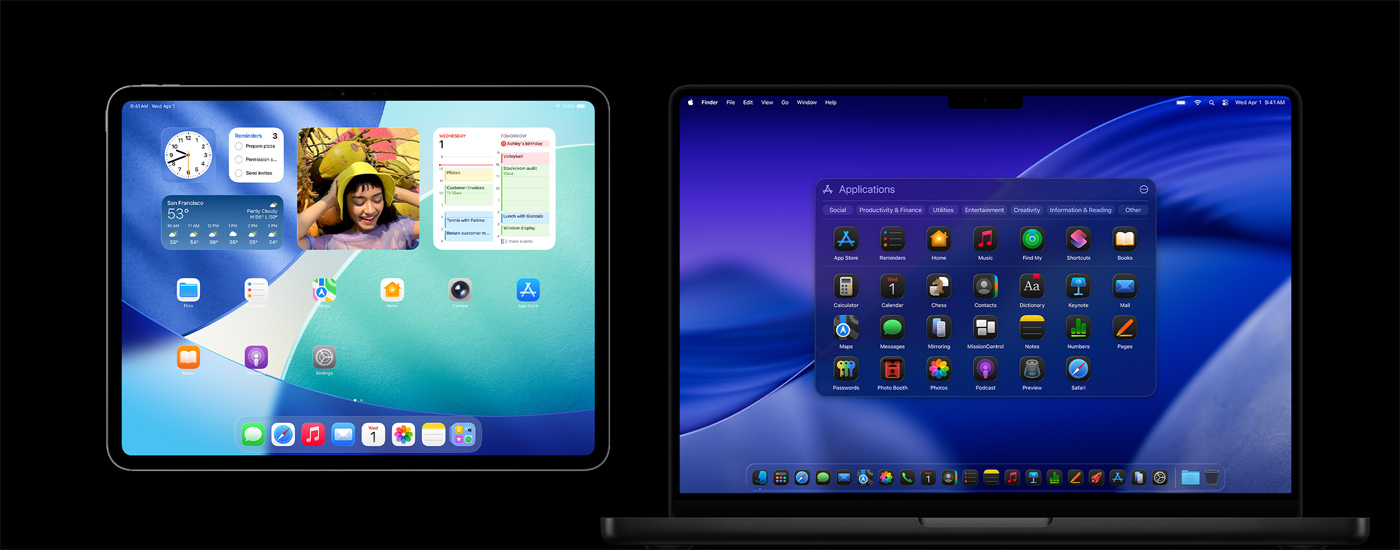 جهاز&nbsp;iPad وجهاز&nbsp;Mac يعرضان أيقونات لتطبيقات&nbsp;مختلفة. يعرض جهاز&nbsp;iPad العديد من&nbsp;الأدوات، بما&nbsp;في&nbsp;ذلك التقويم والطقس والصور. في&nbsp;خلفية جهاز&nbsp;Mac يظهر نظام&nbsp;MacOS&nbsp;Tahoe‏.