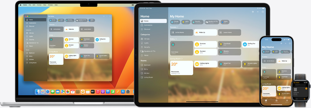 The Home app UI displayed on Mac, iPad, iPhone, and Apple Watch.