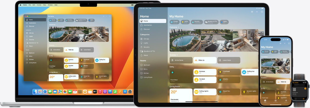 The Home app UI displayed on Mac, iPad, iPhone, and Apple Watch.