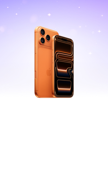 iPhone 17 Pro Max back exterior and iPhone 17 Pro front exterior overlapping, Cosmic Orange finish, Pro Fusion camera system in top left corner of back exterior, front exterior showing screen display, Action button, volume button, and side buttons, set against a purple-to-white gradient starry sky.