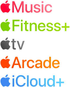 Apple subscription services logotypes including Apple Music, Fitness+, Apple TV+, Apple Arcade, iCloud+