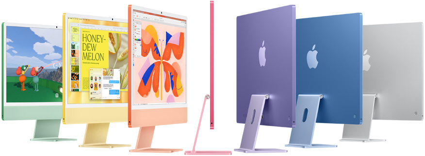 سبعة موديلات iMac باللون الأخضر والأصفر والبرتقالي والوردي والليلكي والأزرق والفضي، مصطفة في ترتيب يشبه شكل الأكورديون
