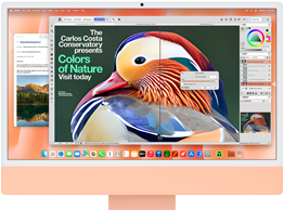 iMac, front exterior, orange color, displaying image editing app with AI tools, and Mail app in the background