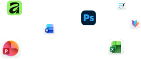Various app icons floating on screen, including Microsoft Word, Adobe Photoshop, Canva, and Figma