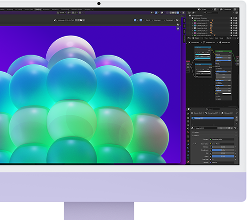 iMac, front exterior, purple color, displaying a colorful bubble structure in an image editing app