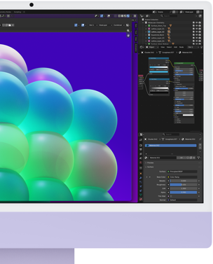 iMac, front exterior, purple color, displaying a colorful bubble structure in an image editing app
