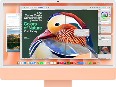 جهاز iMac، الجهة الخارجية الأمامية، لون برتقالي، يعرض تطبيقاً لتعديل الصور مع أدوات الذكاء الاصطناعي، وتطبيق البريد في الخلفية