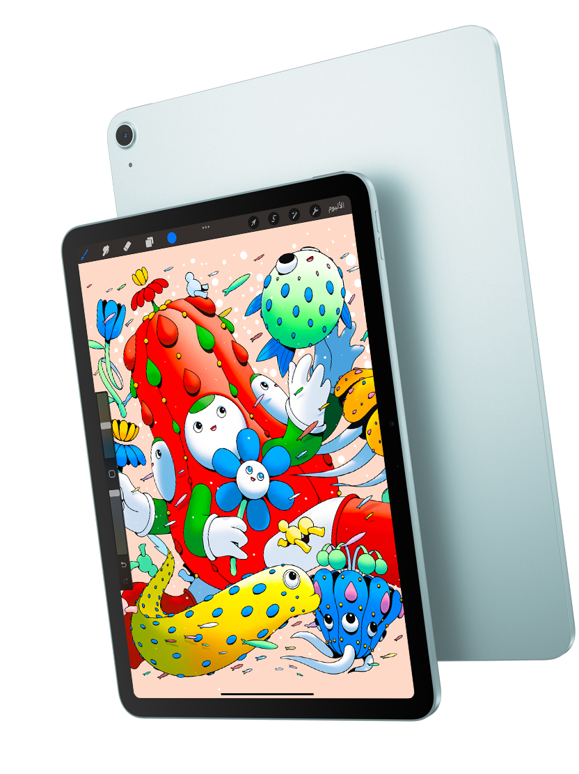 الجزء الأمامي الخارجي لجهاز iPad Air مقاس 11 إنش ويظهر عليه تطبيق Procreate ويتداخل مع الجزء الخلفي الخارجي لجهاز iPad Air باللون الأزرق