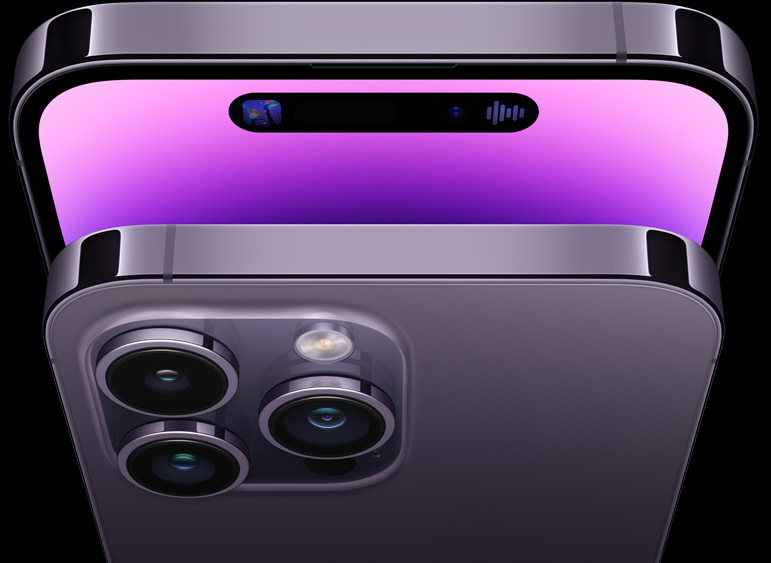 Stacked front and back view of iPhone 14 Pro in deep purple