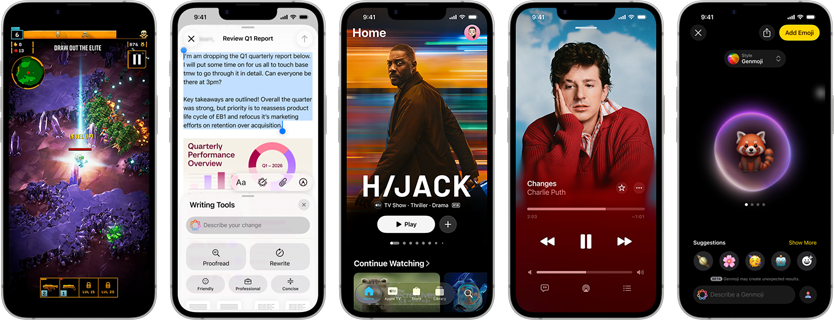 Side-by-side iPhone 17e devices showing different screens: a game being played, Writing Tools, Apple TV app, Apple Music App, a Genmoji being created.