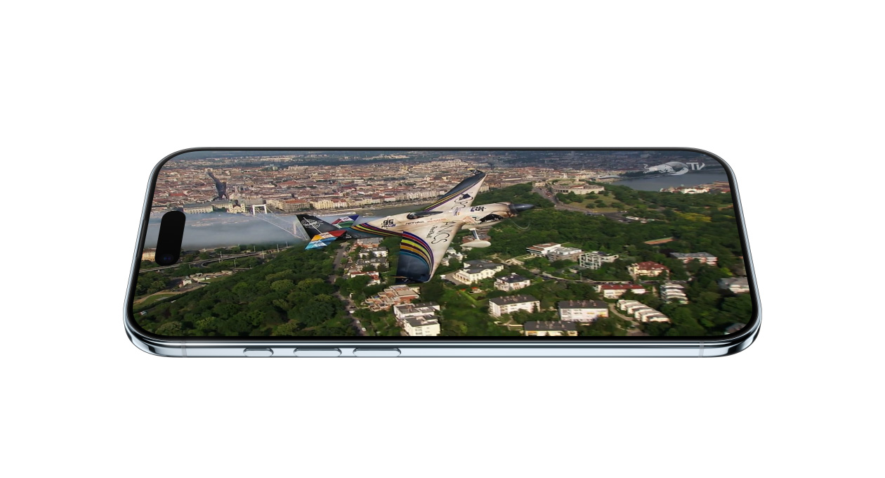 iPhone Air, front exterior, side exterior, showing static of scene from Apple TV+ series Foundation