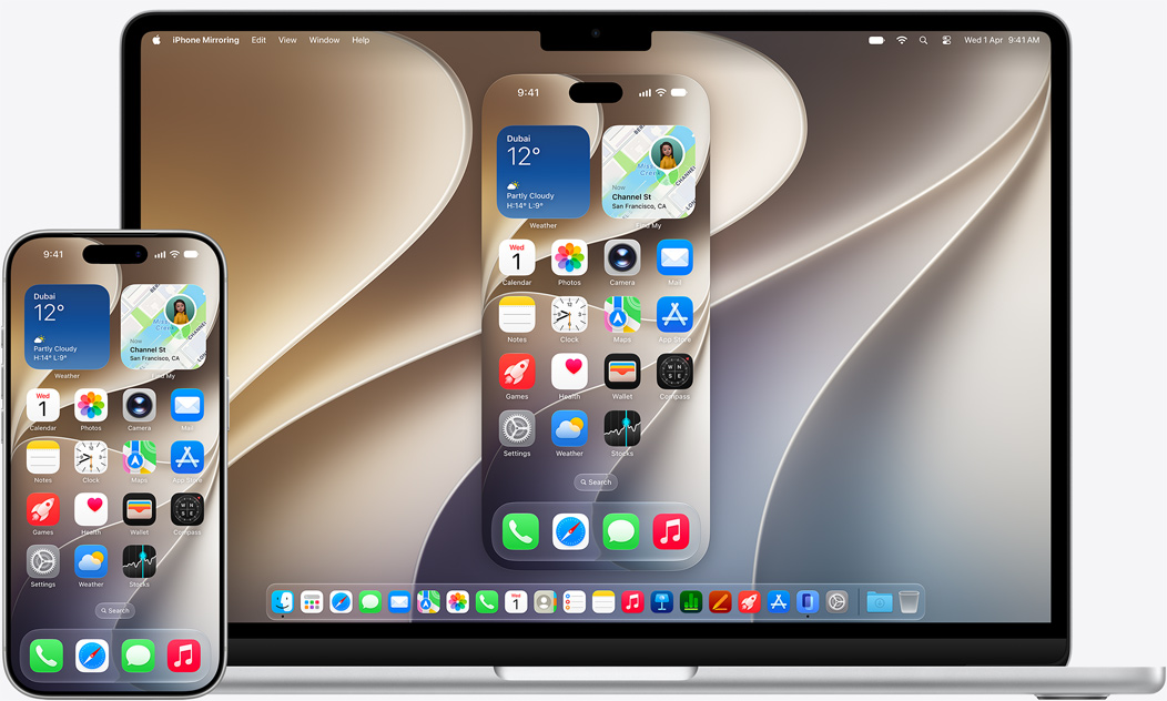 iPhone and MacBook models shown side by side showcasing mirror effect on MacBook, display shows generic wallpaper