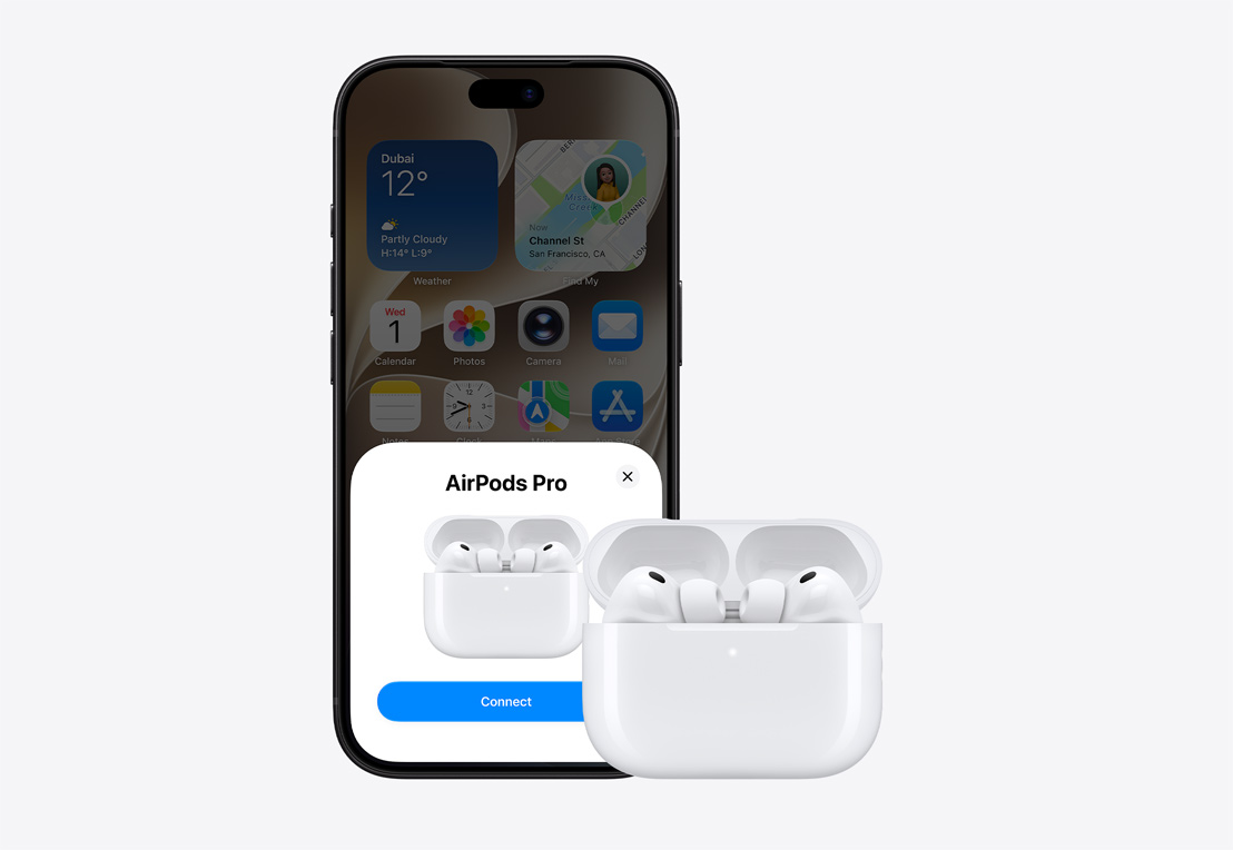 iPhone 18 Pro, front exterior, Home Screen open, connection pop-up on screen, next to AirPods Pro 3 in open MagSafe Charging case