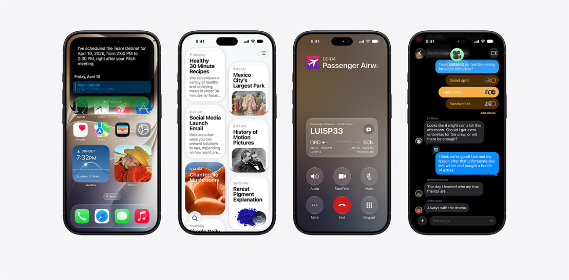 Four iPhone 18 Pro models, close-up front exteriors, each displaying various iOS features. From left to right, iPhone 18 Pro, screen displaying a team debrief being scheduled by Siri AI, iPhone 18 Pro, screen displaying the Siri App, grid of cards representing past interactions, featuring topics like “Healthy 30 Minute Recipes,” “Mexico City Largest Park” with an accompanying image, and “Social Media Launch Email”, iPhone 18 Pro, screen displays an active phone call with “Passenger Airways” with a Call Context card on the bottom of the screen with relevant flight confirmation details, including the booking code, route from JFK to RAK, and flight times, with a note indicating the information was “Found in Mail”, iPhone 18 Pro, screen displays a conversation with Siri AI, asking about the color of a tablecloth.