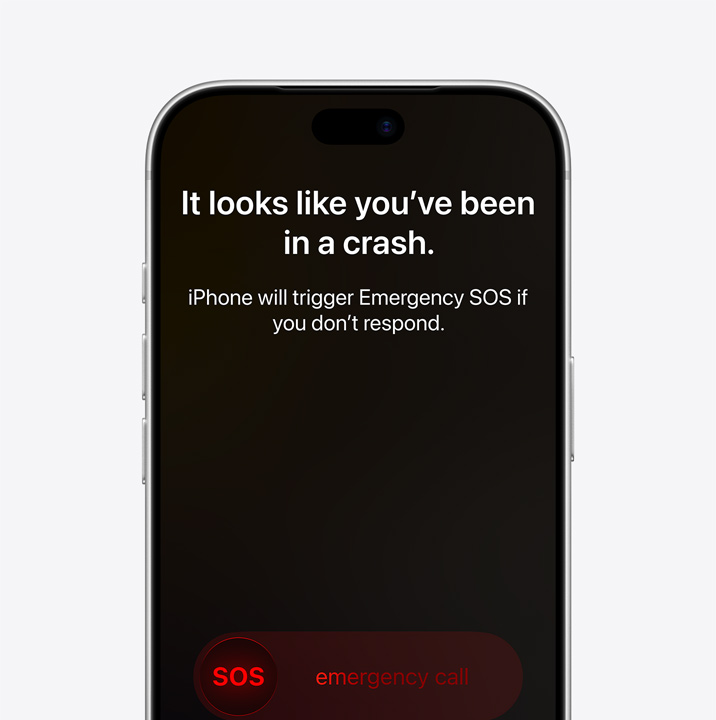 Side-by-side, iPhone screen showing Messages, Find My, Roadside Assistance widgets available via Satellite, iPhone screen showing Emergency SOS in use, iPhone screen showing Roadside Assistance in use