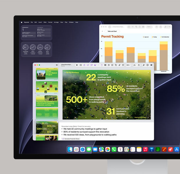 macOS screen, displaying a Keynote presentation, a data chart, open Calendar app, and Dock apps