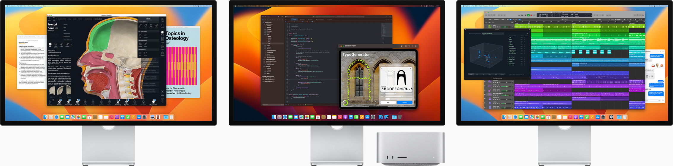 Mac Studio and three Studio Displays, all featuring different apps on screen