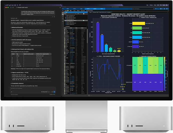 شاشة Studio Display XDR، شاشة تعرض بيانات عن صحة نحلة العسل في تطبيقي LM Studio Bionic وMATLAB، جهاز Mac Studio، الجهة الأمامية